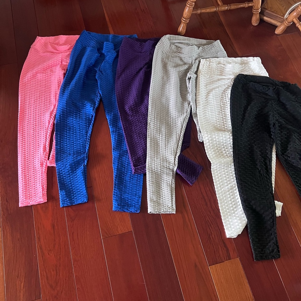 Ladies Textured Stretch Leggings - Pink, Blue, Purple, Gray, White, Black